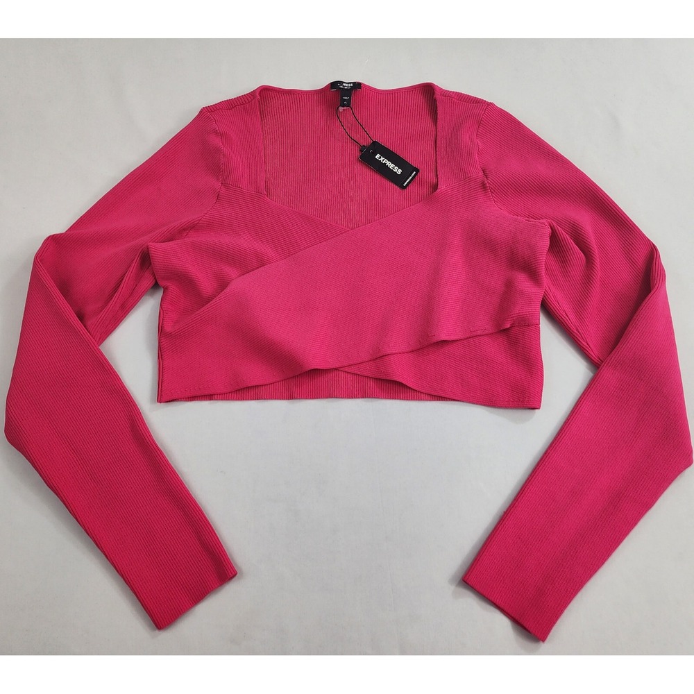 Express Body Contour Ribbed Wrap Crop Top Blouse Magenta Pink XL 30650565